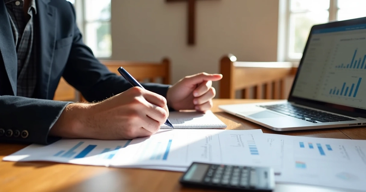 Líder de igreja analisa documentos financeiros à mesa com caderno, calculadora e laptop aberto
